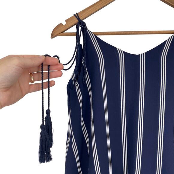 FREEWAY Tassel Tie Strap V Neck Tank Top Nautical Blue White Size Small Coastal - Picture 5 of 7